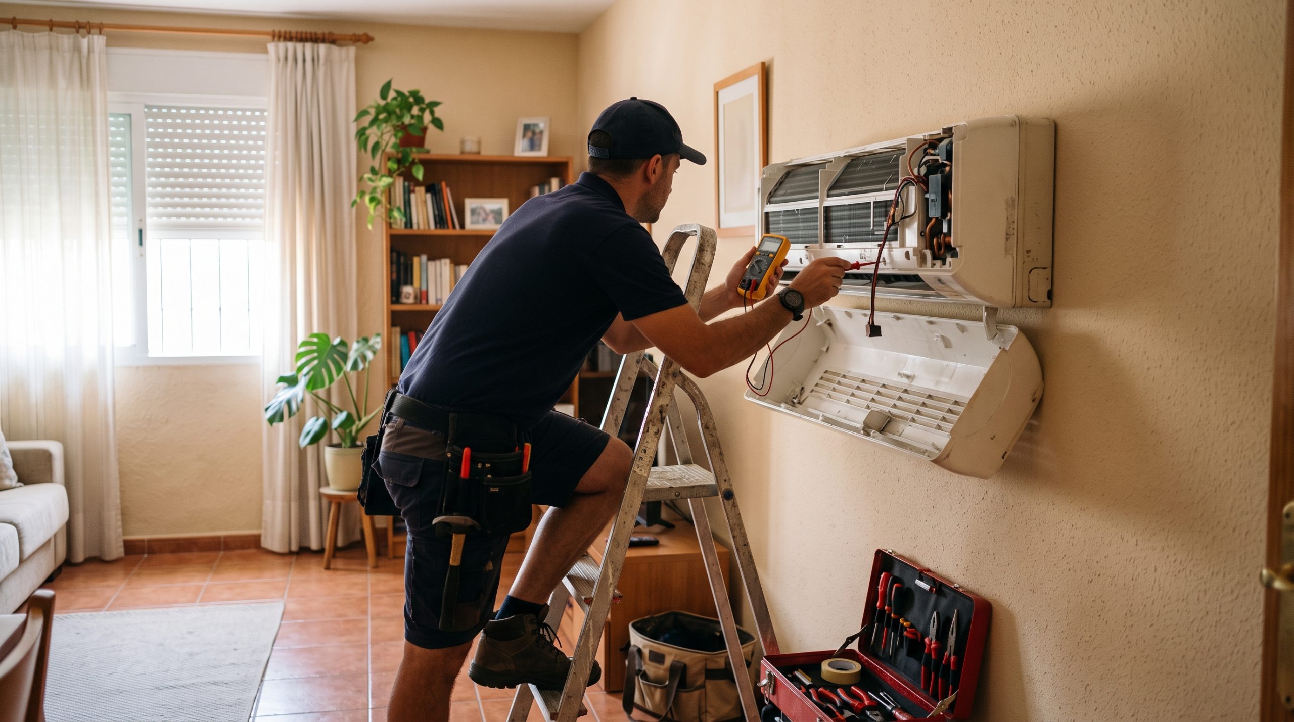 Técnico revisando el interior de una unidad de aire acondicionado averiada