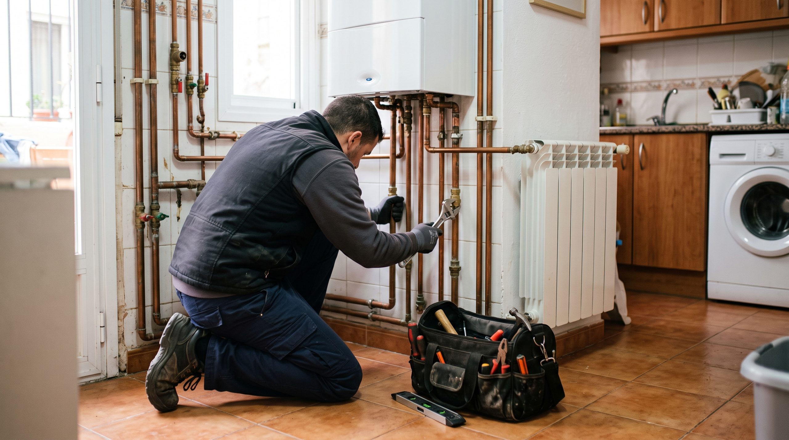 Técnico instalando un radiador de calefacción en una vivienda