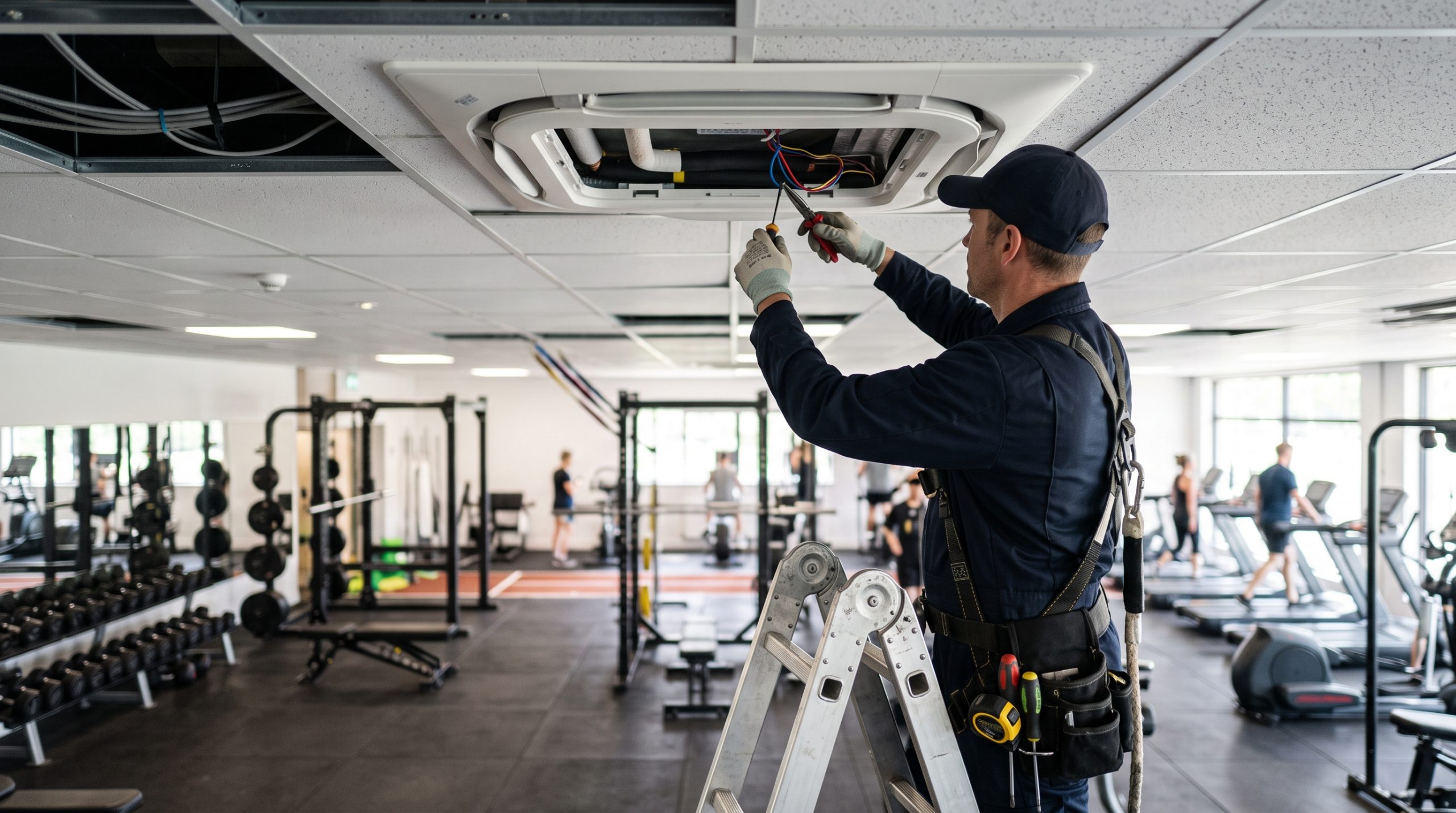 Técnico instalando una unidad de aire acondicionado tipo cassette en el techo de un gimnasio