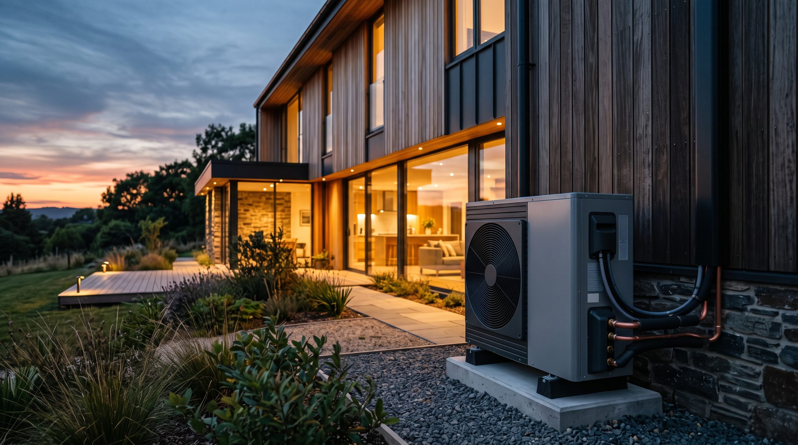 Vivienda moderna al atardecer con bomba de calor de aerotermia instalada en el exterior