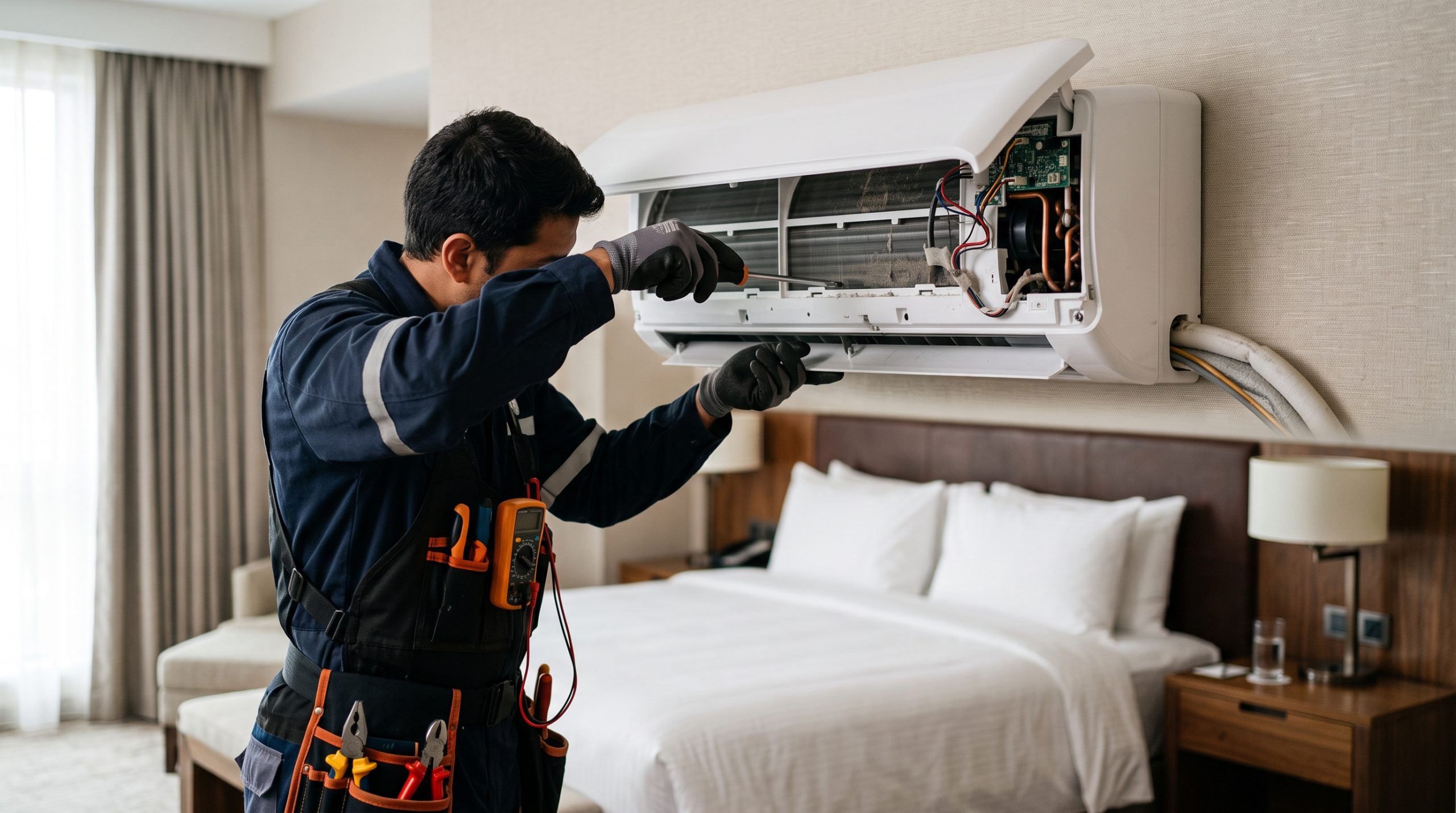 Técnico revisando una unidad de aire acondicionado en una habitación de hotel