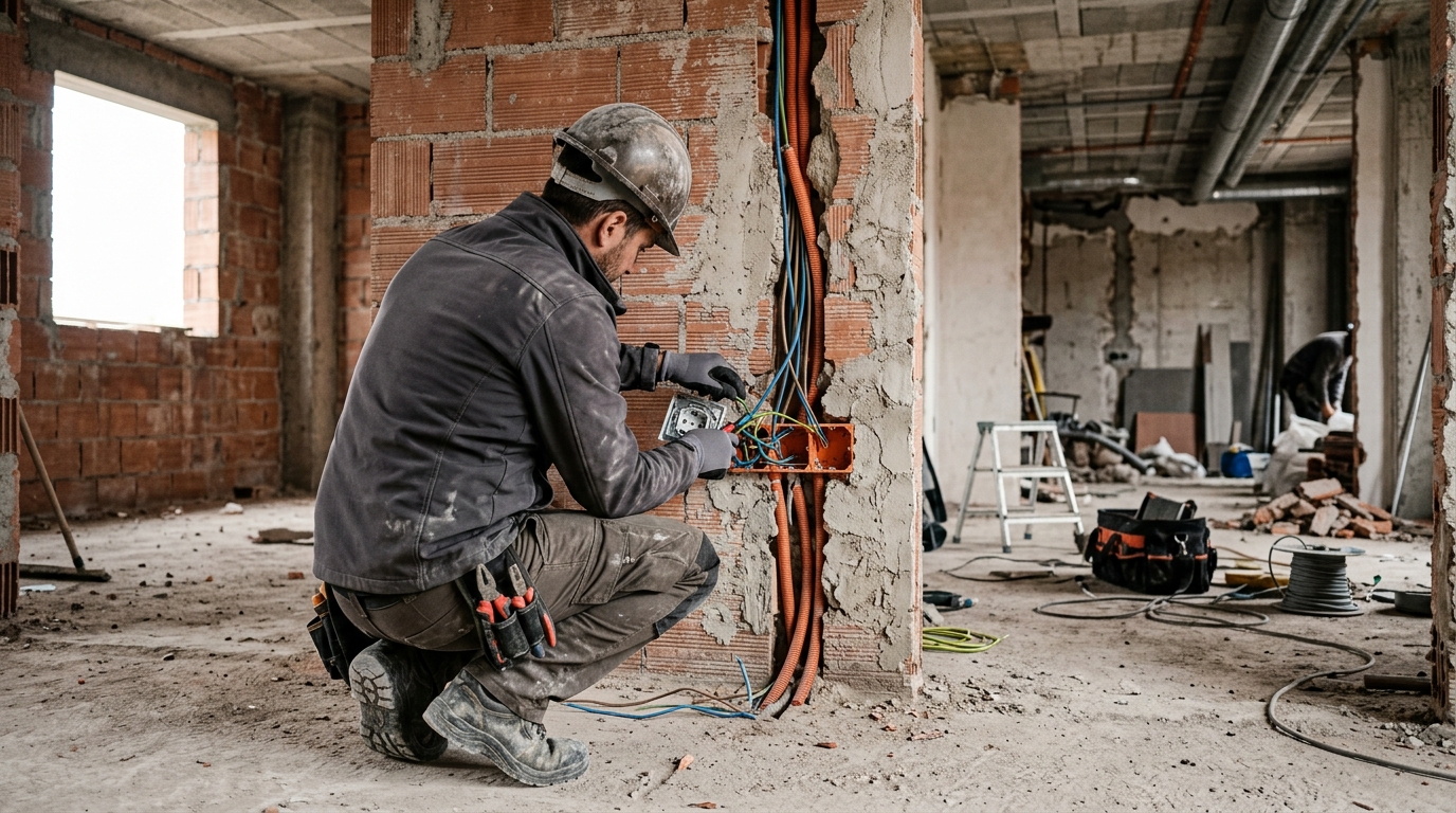 Técnico instalando cableado eléctrico en una vivienda en obra nueva