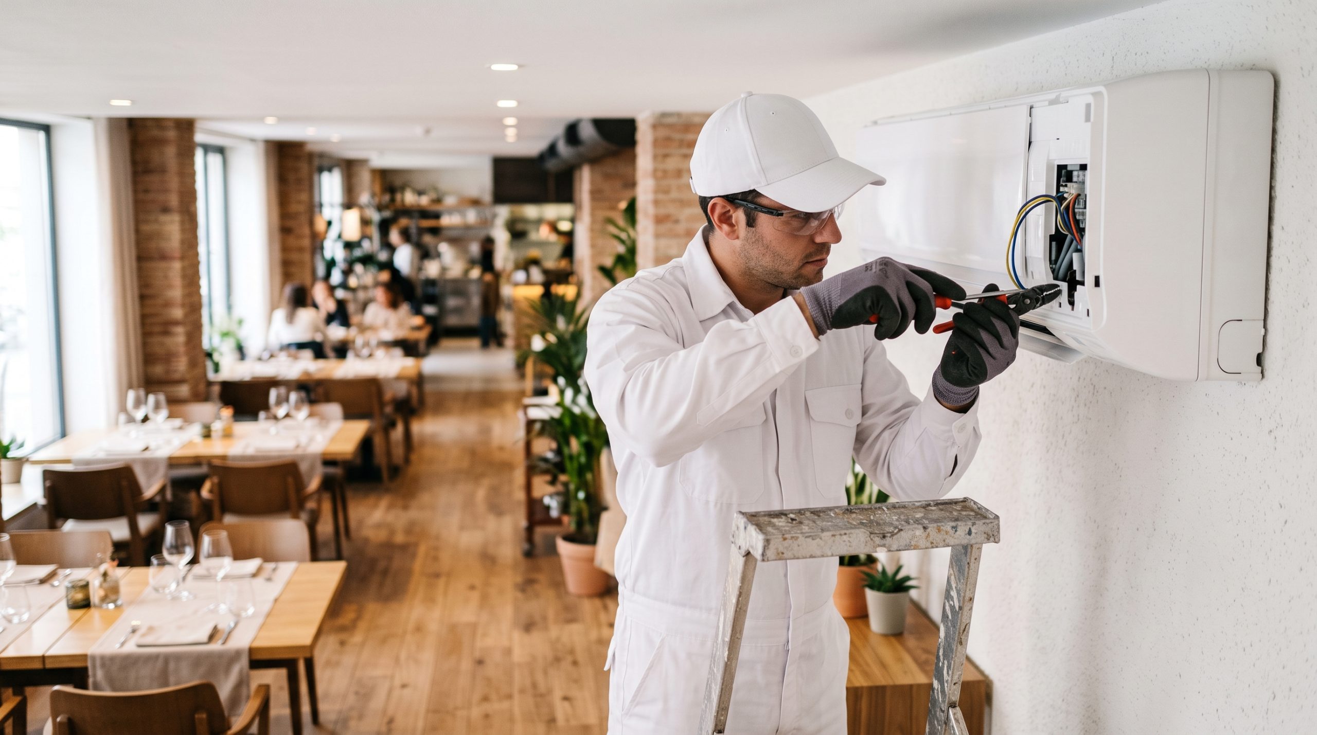 Técnico revisando una unidad de aire acondicionado en la sala de un restaurante