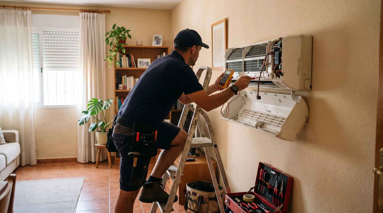 Técnico revisando el interior de una unidad de aire acondicionado averiada
