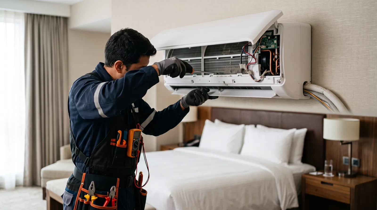 Técnico revisando una unidad de aire acondicionado en una habitación de hotel